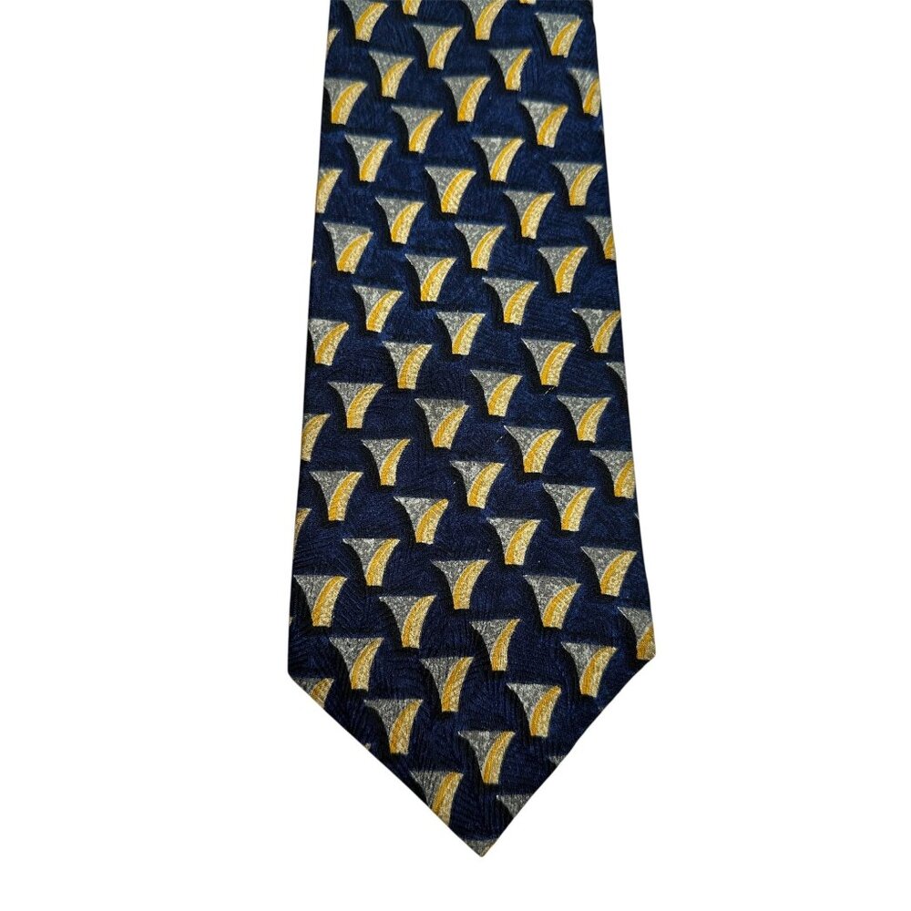 Countess Mara Silk Tie Navy/Gold/Gray Geometric Print Made In USA